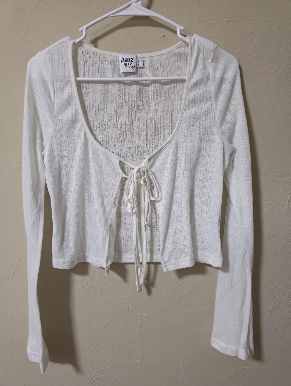 Princess Polly White Ribbed Tie-Front Long Sleeve Top